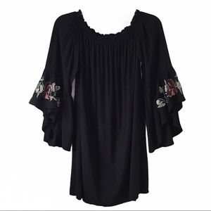 Blue Rain Embroidered Bell Sleeve Dress